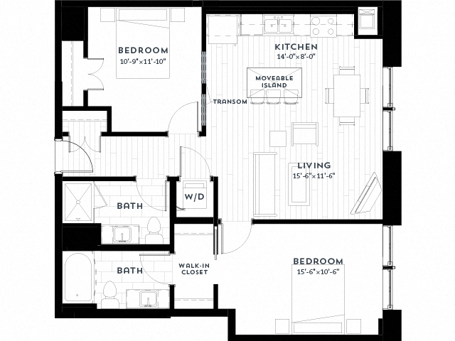 Floor plan for 2 beds, 2 baths, 976 sqft